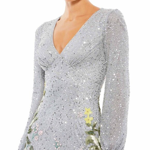 Mac Duggal Size 4 Gray 5542 Floral Sequin Beaded Maxi Formal Gown Dress - Picture 2 of 12